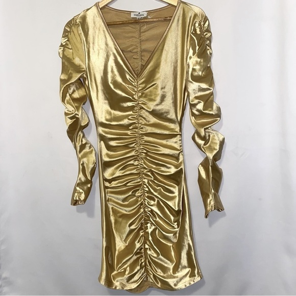 NWOT Shane Justin Runway Gold Ruched Longsleeve Stretchy Bodycon Midi Dress S - Picture 2 of 9